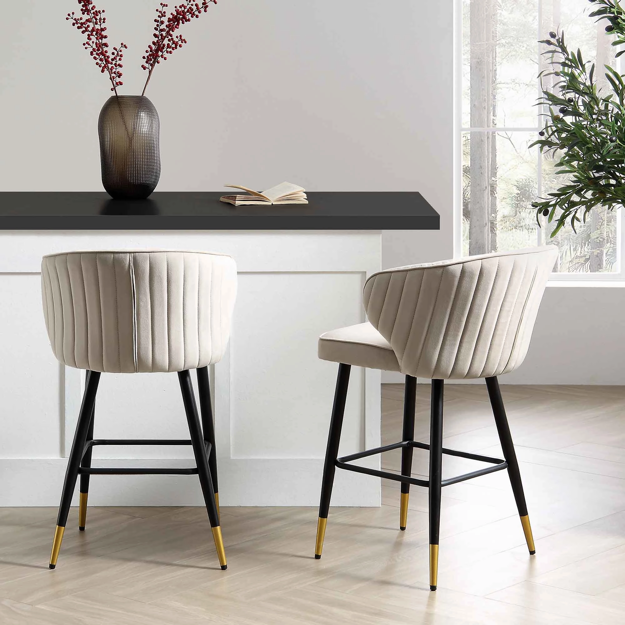 Langham Set of 2 Champagne Velvet Upholstered Carver Counter Stools