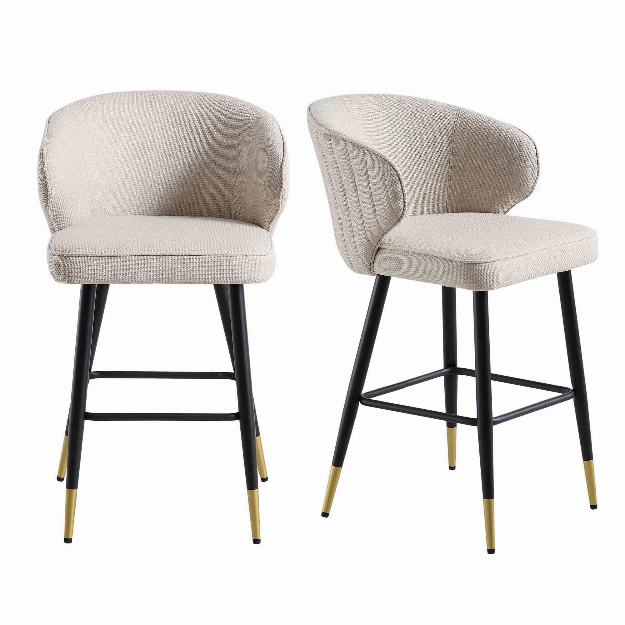 Langham Set of 2 Oatmeal Woven Fabric Upholstered Carver Counter Stools