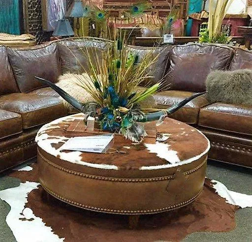 Leather & Brown/White Cowhide Ottoman