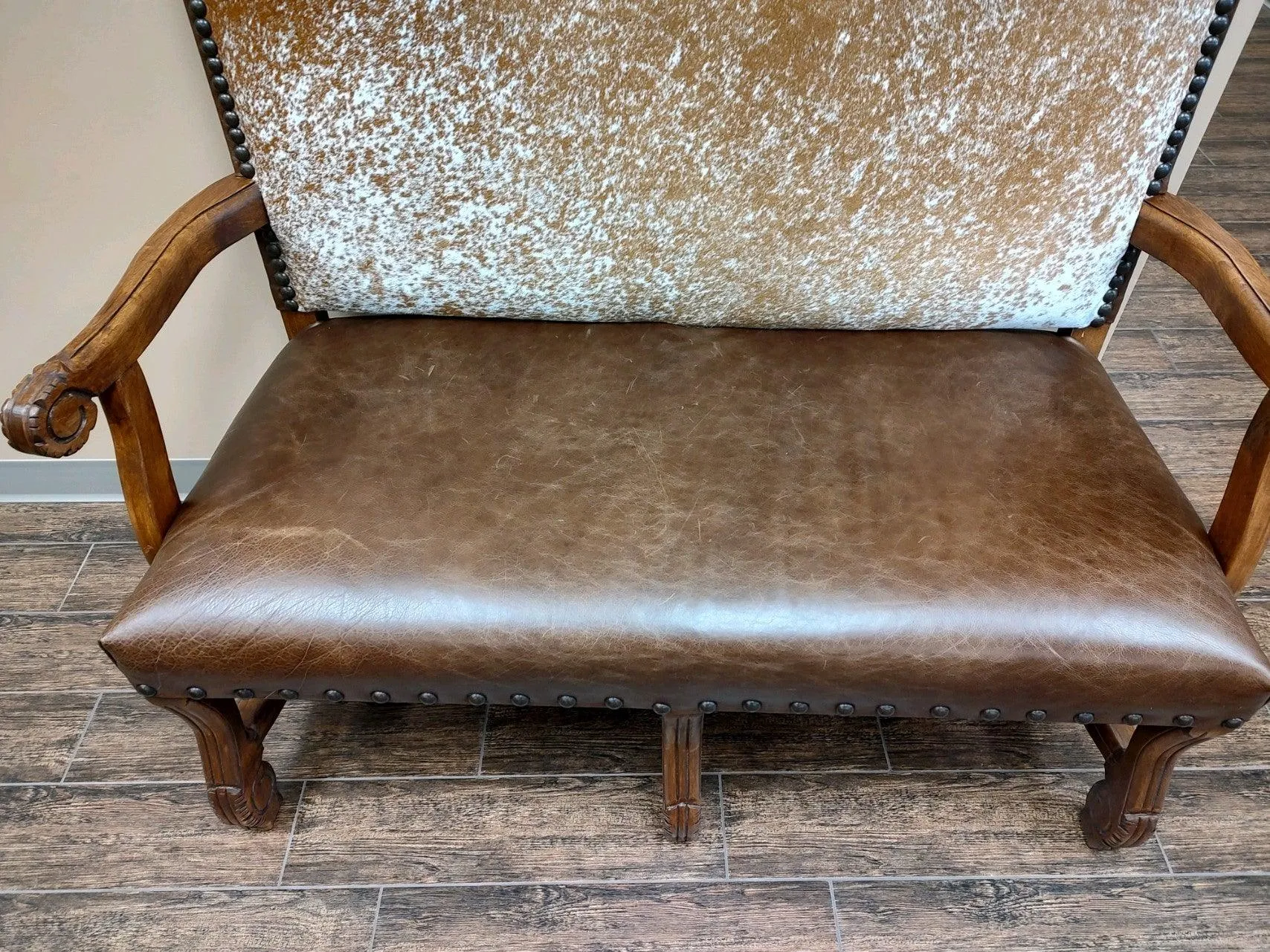 Leather and Longhorn Cowhide Settee
