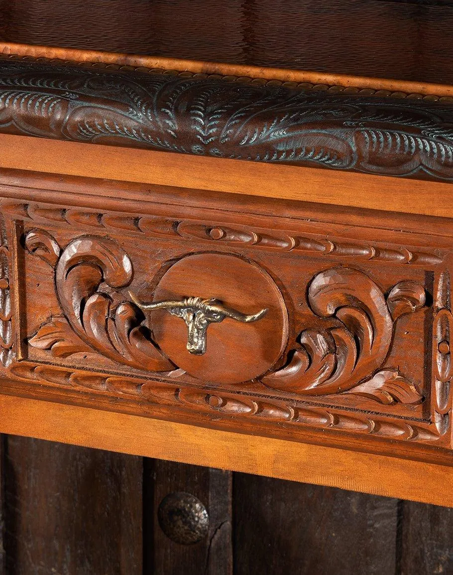 Leather Copper & Carved Wood Console Table