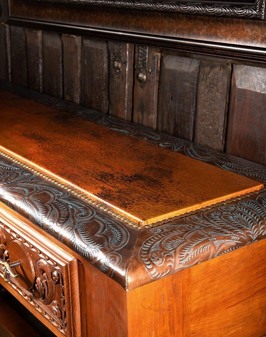 Leather Copper & Carved Wood Console Table