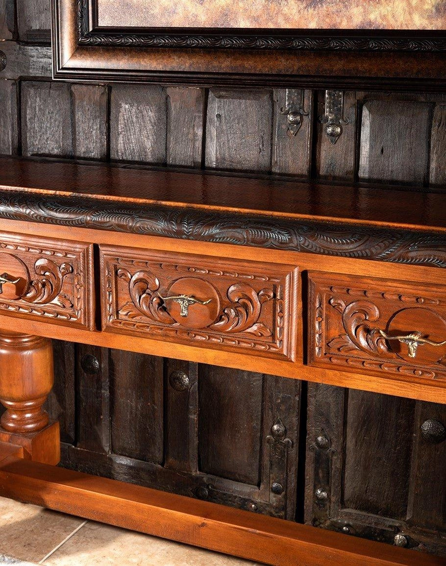 Leather Copper & Carved Wood Console Table