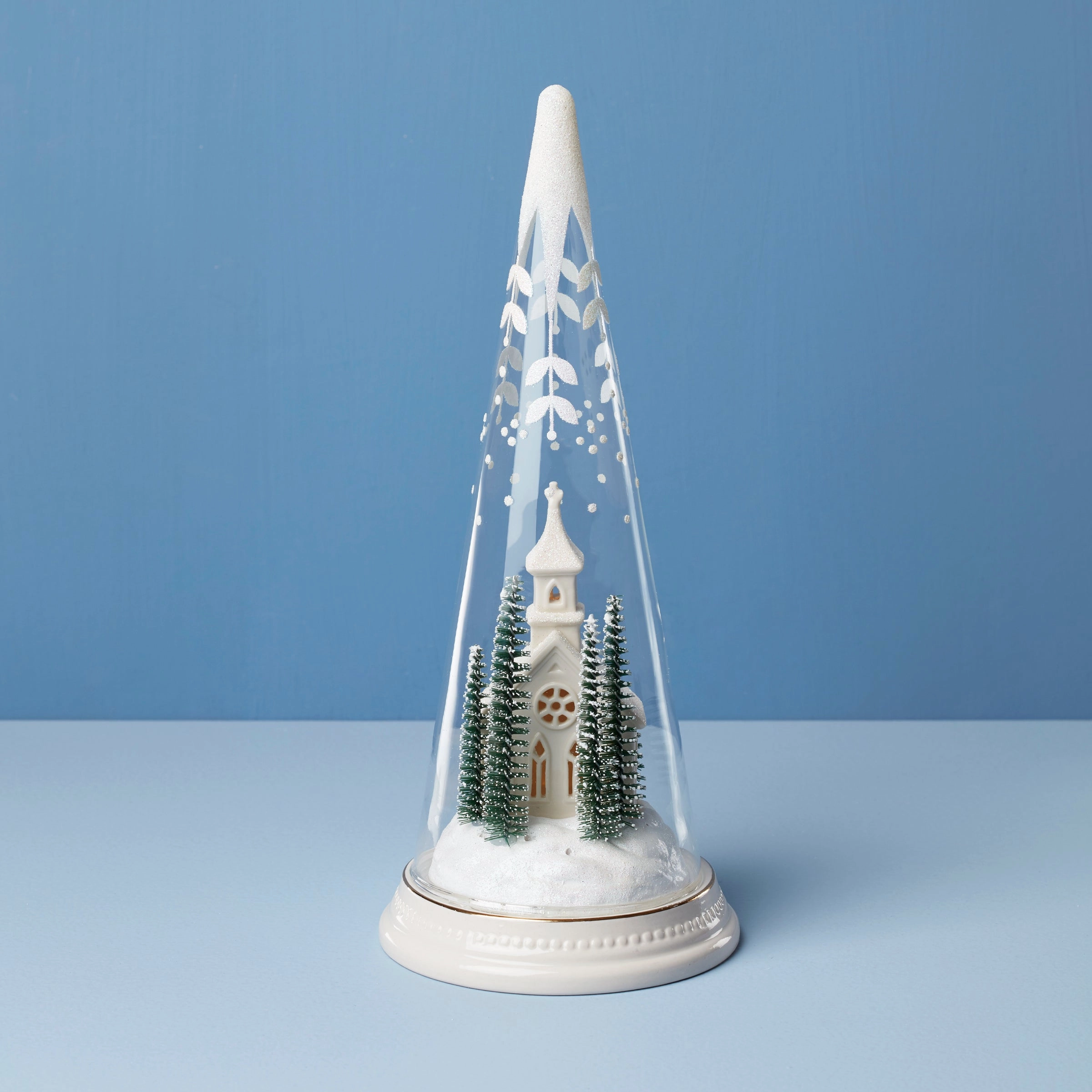 Lit Christmas Cone With Church Scene