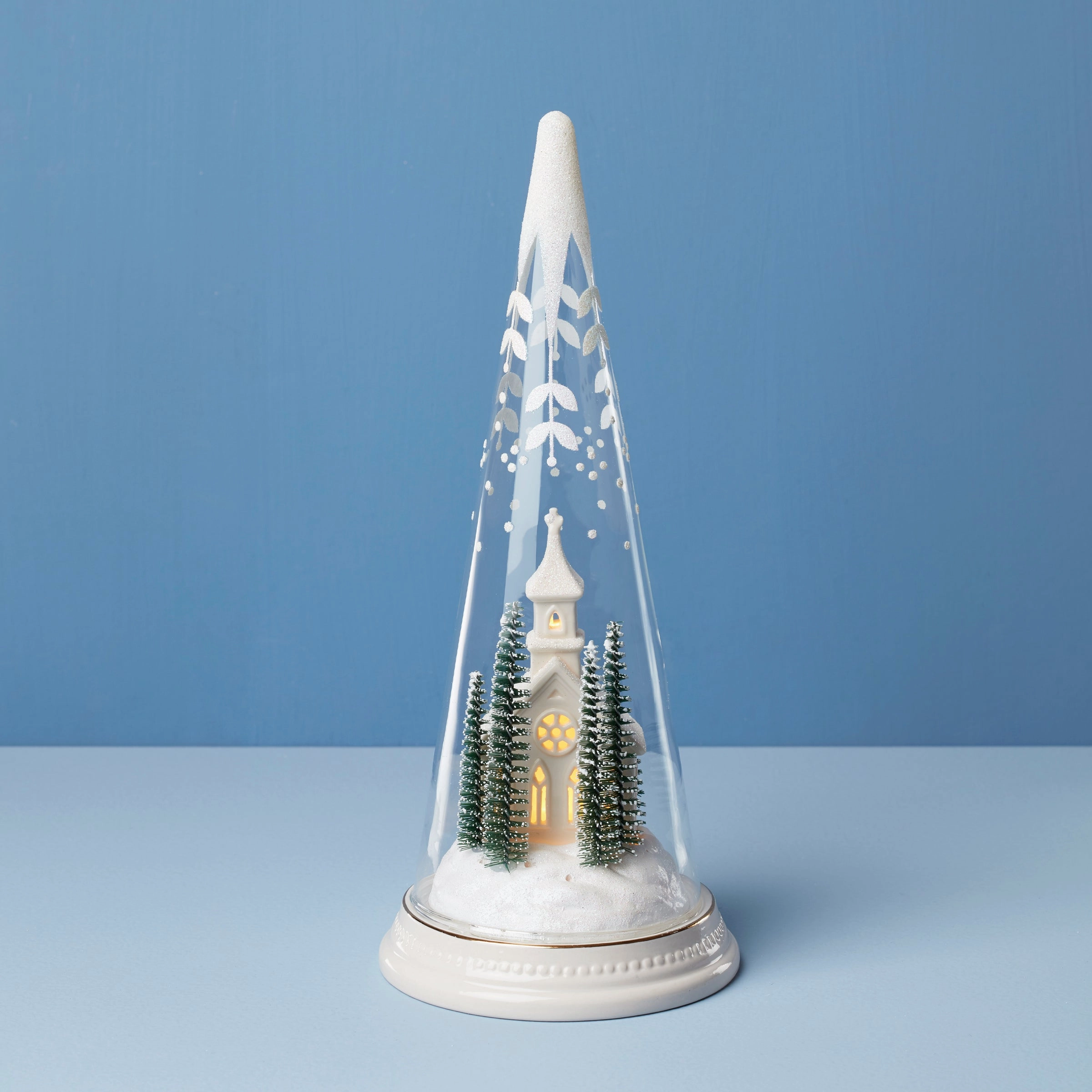 Lit Christmas Cone With Church Scene