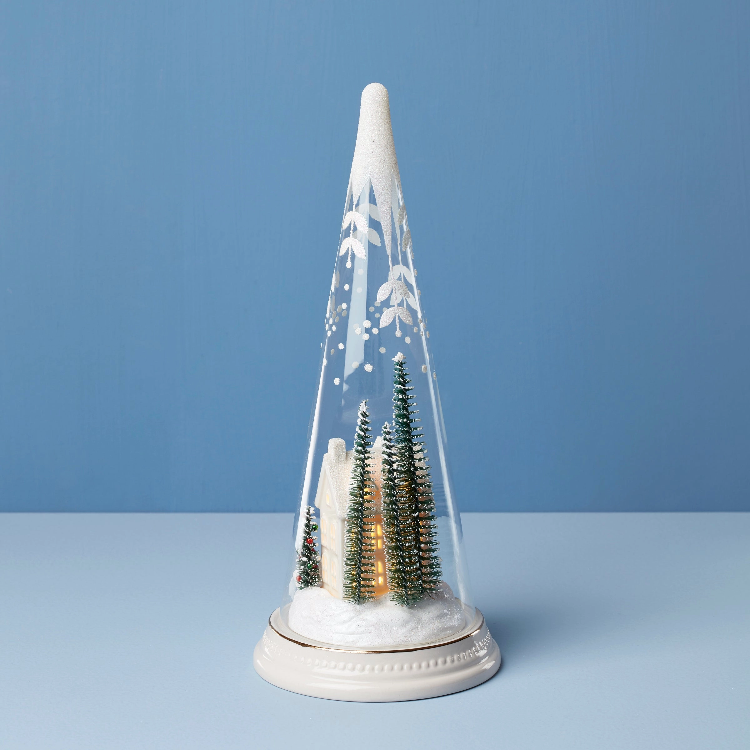 Lit Christmas Cone With Farmhouse Scene