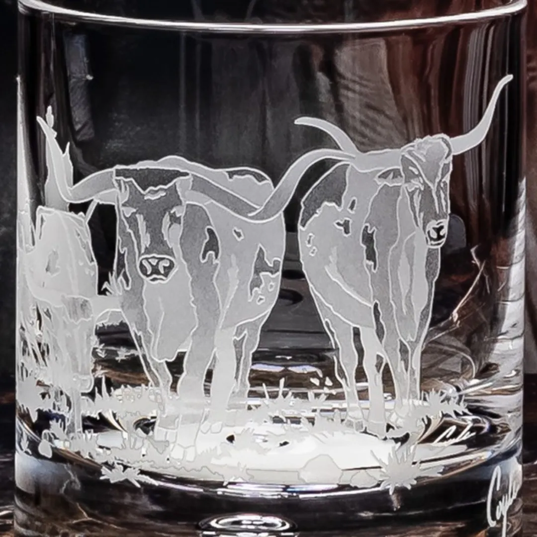 Longhorn Stampede Sand Carved Rocks Glasses