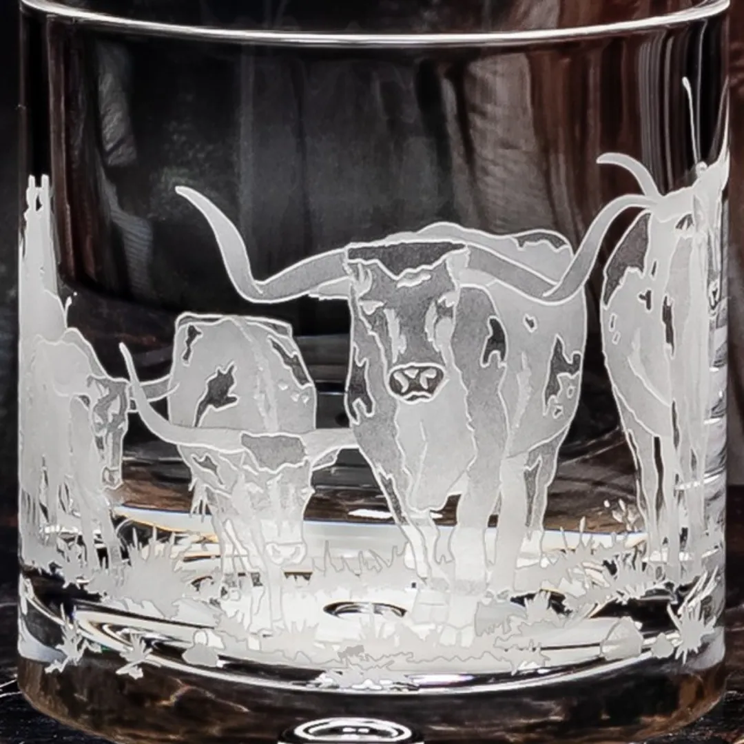 Longhorn Stampede Sand Carved Rocks Glasses