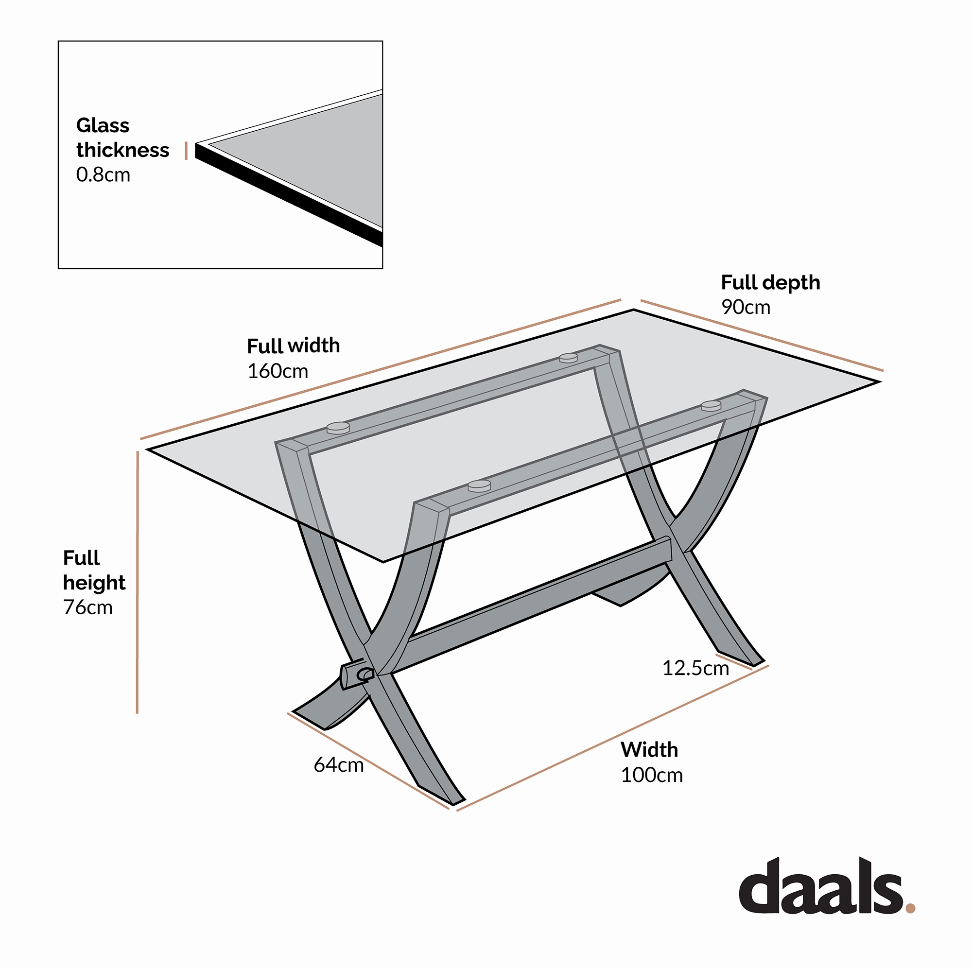 Lugano 160cm Rectangular Glass Top Solid Oak Legs Dining Table