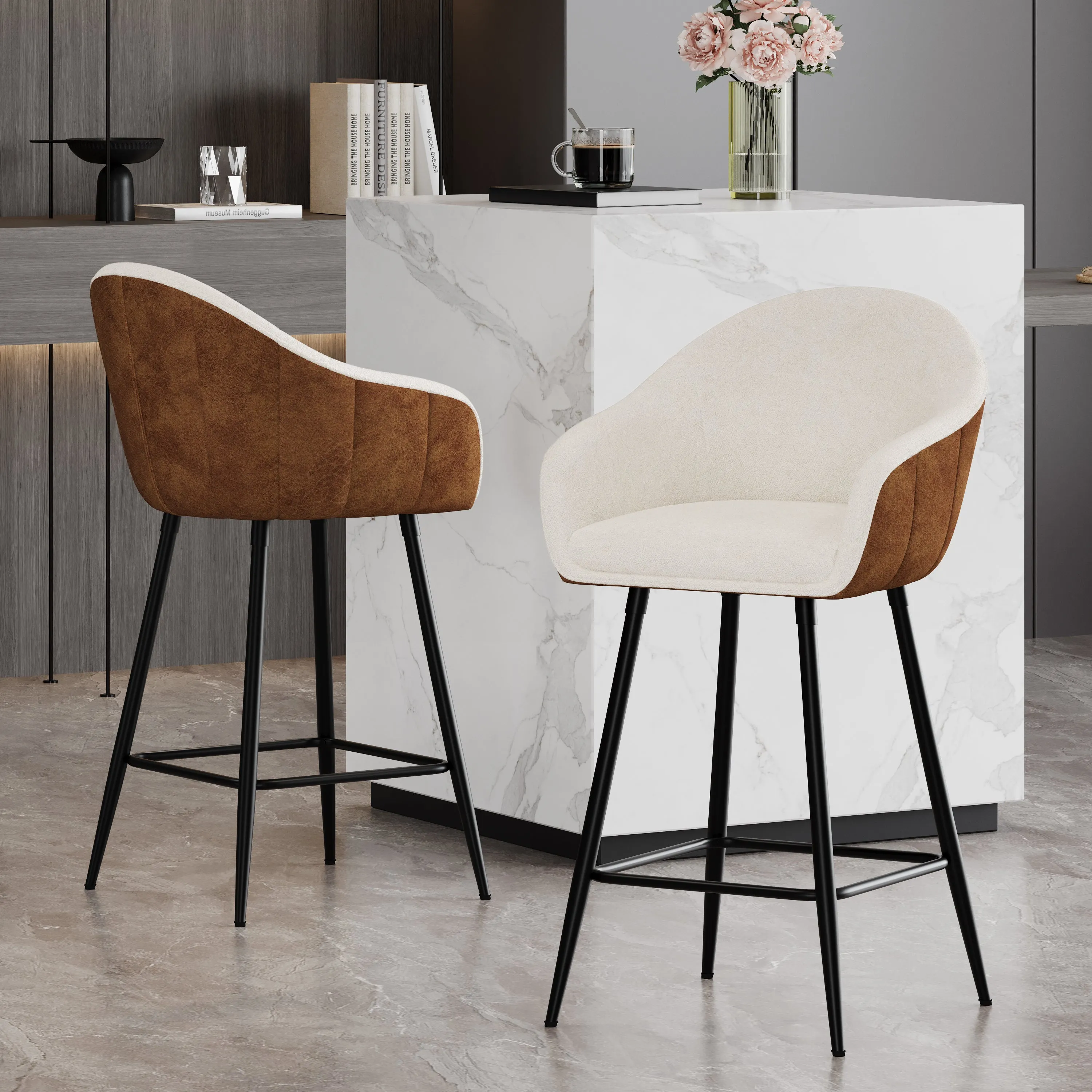 Luxury Bar Beige & Brown Upholstery Counter Stools bar stool, counter stool