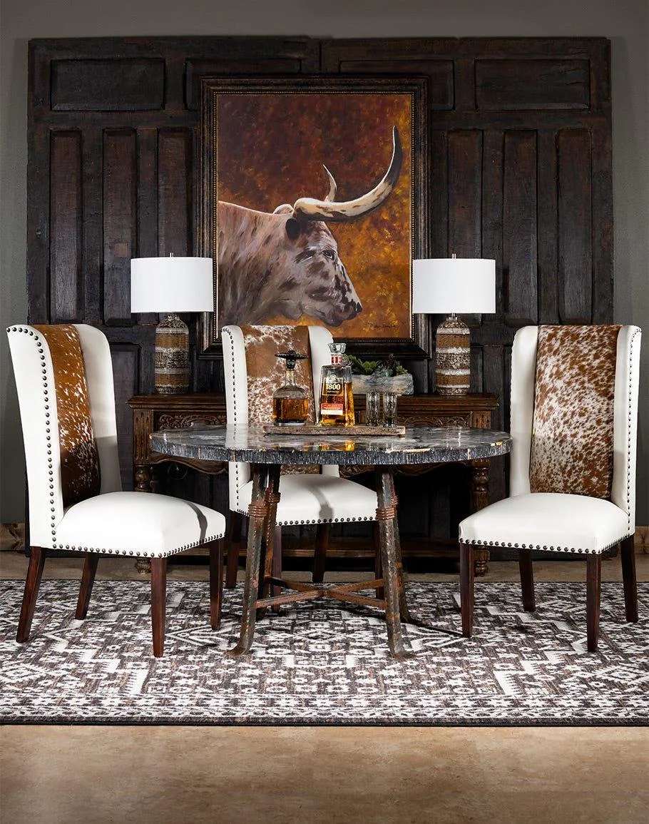 Luxury White Leather Dining Chair with Longhorn Hide