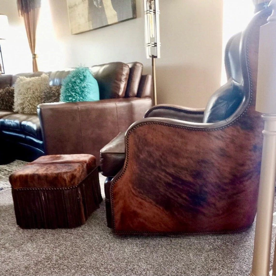 Luxury Leather Fringed Cowhide Stool Ottoman