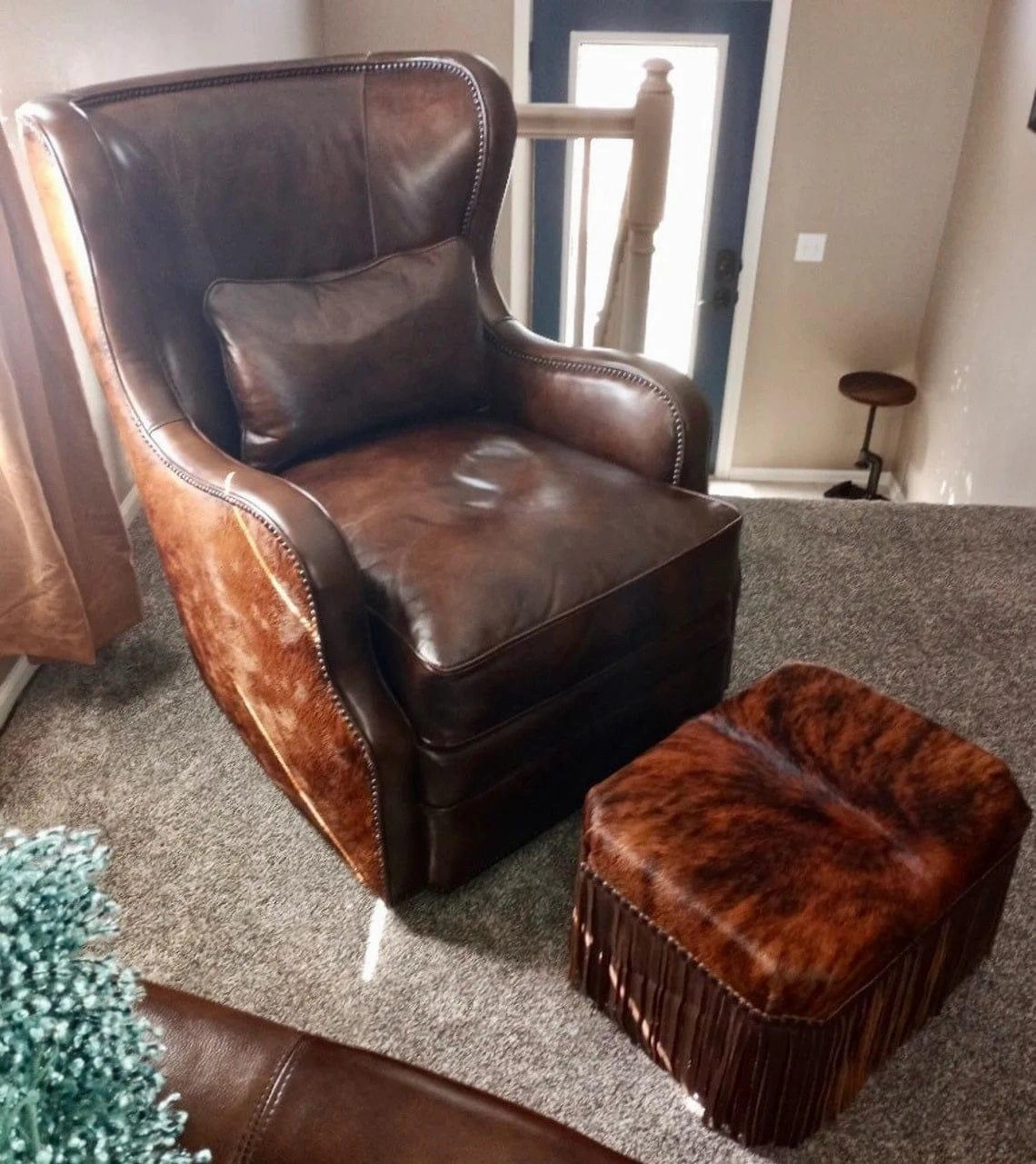 Luxury Leather Fringed Cowhide Stool Ottoman