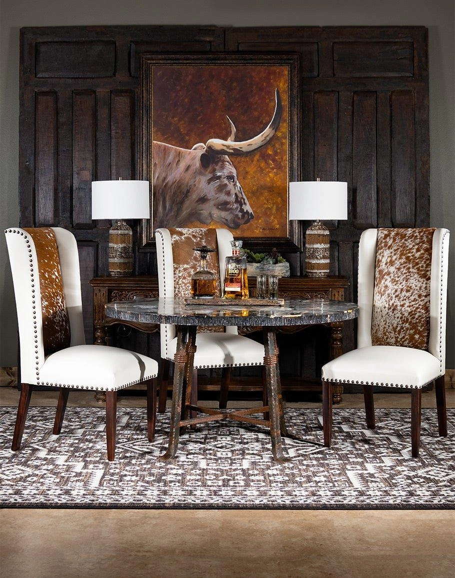 Luxury White Leather Dining Chair with Longhorn Hide