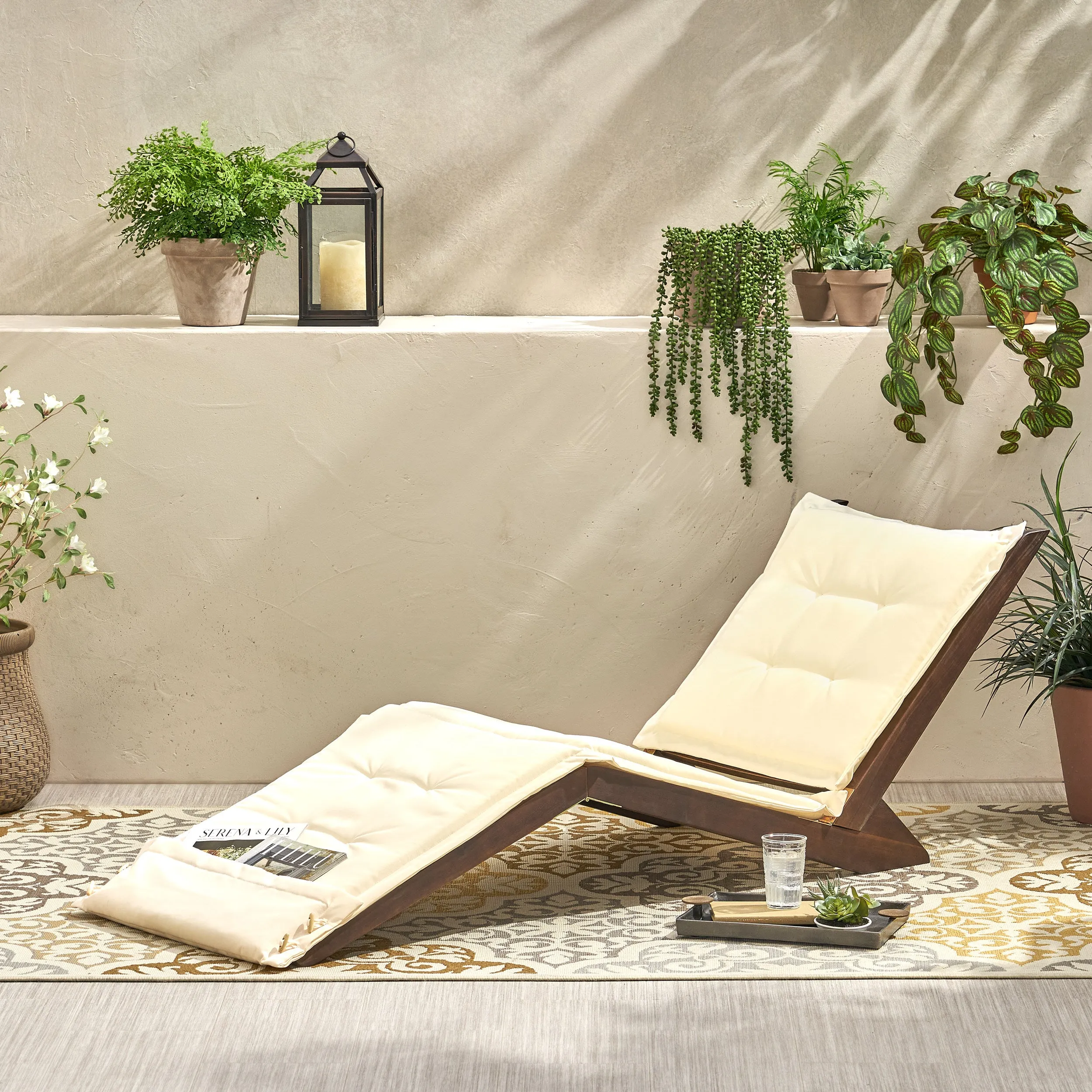 Mahogany Wood Folding Chaise Lounger Chair w/ Cream Cushion - NH473592 patio chairs, outdoor seating