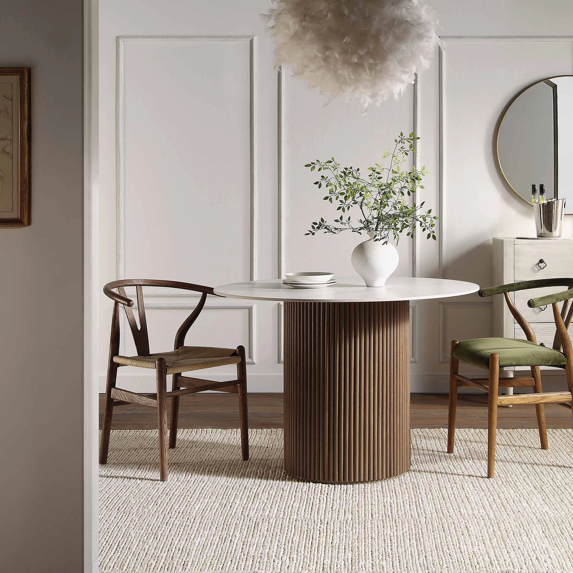 Maru Ceramic Top Silver Oak Pedestal Round Dining Table