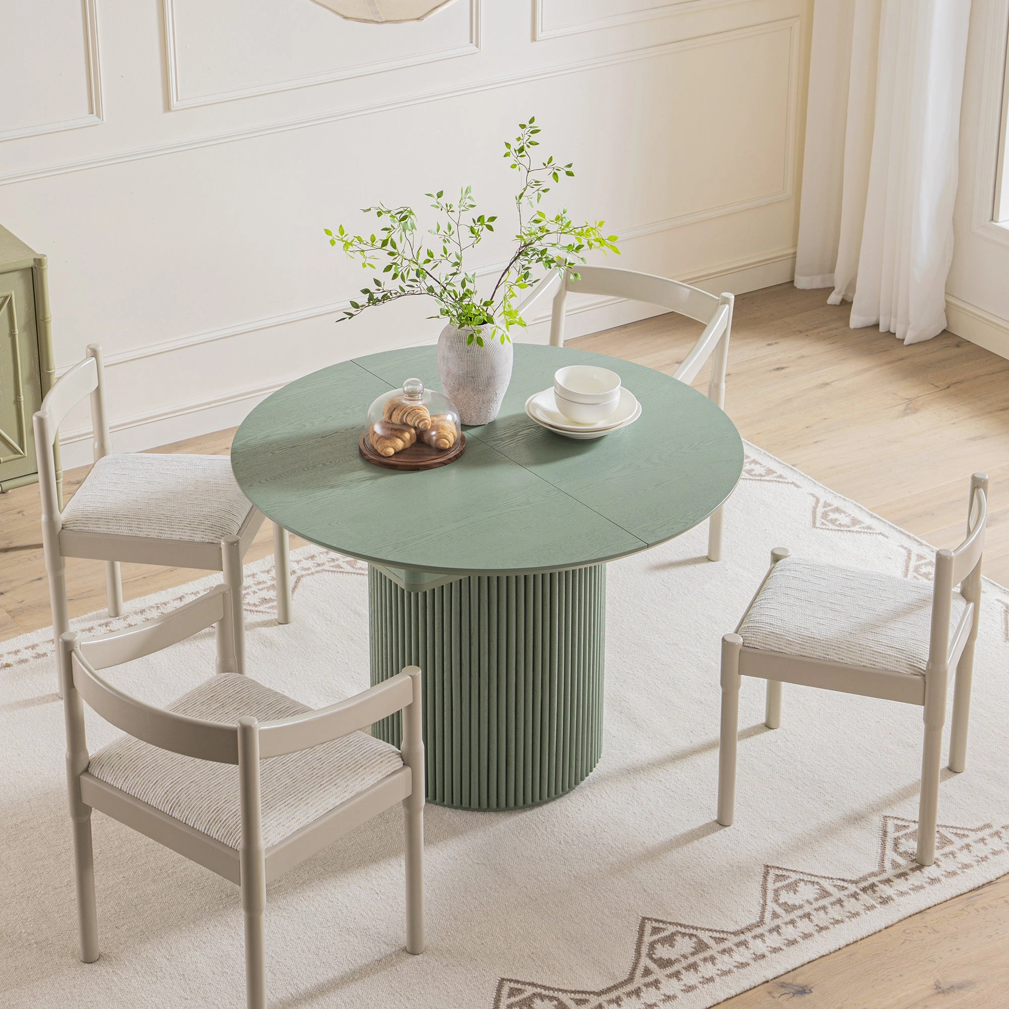 Maru Round 4-6 Seater Extending Oak Pedestal Dining Table, Sage Green