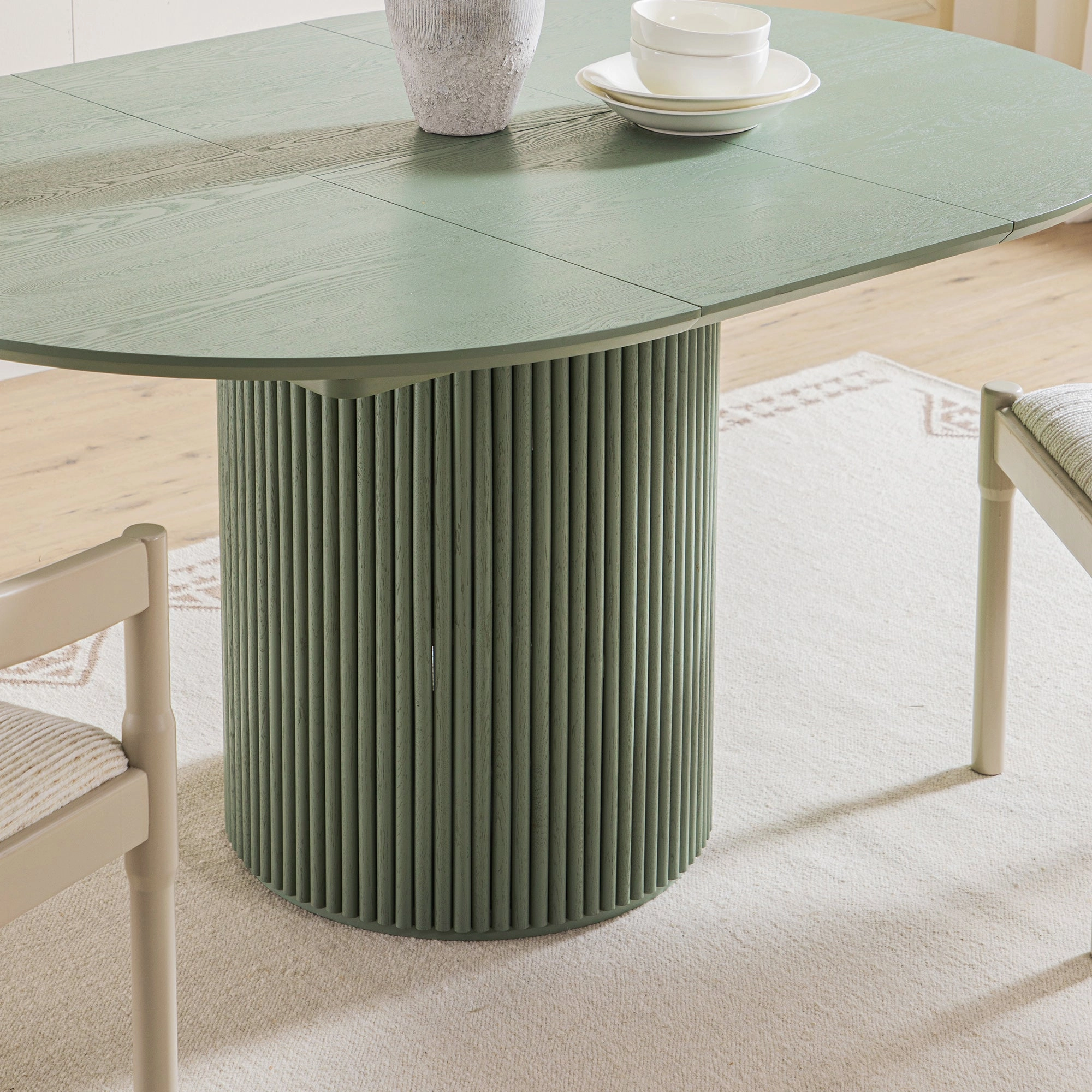 Maru Round 4-6 Seater Extending Oak Pedestal Dining Table, Sage Green