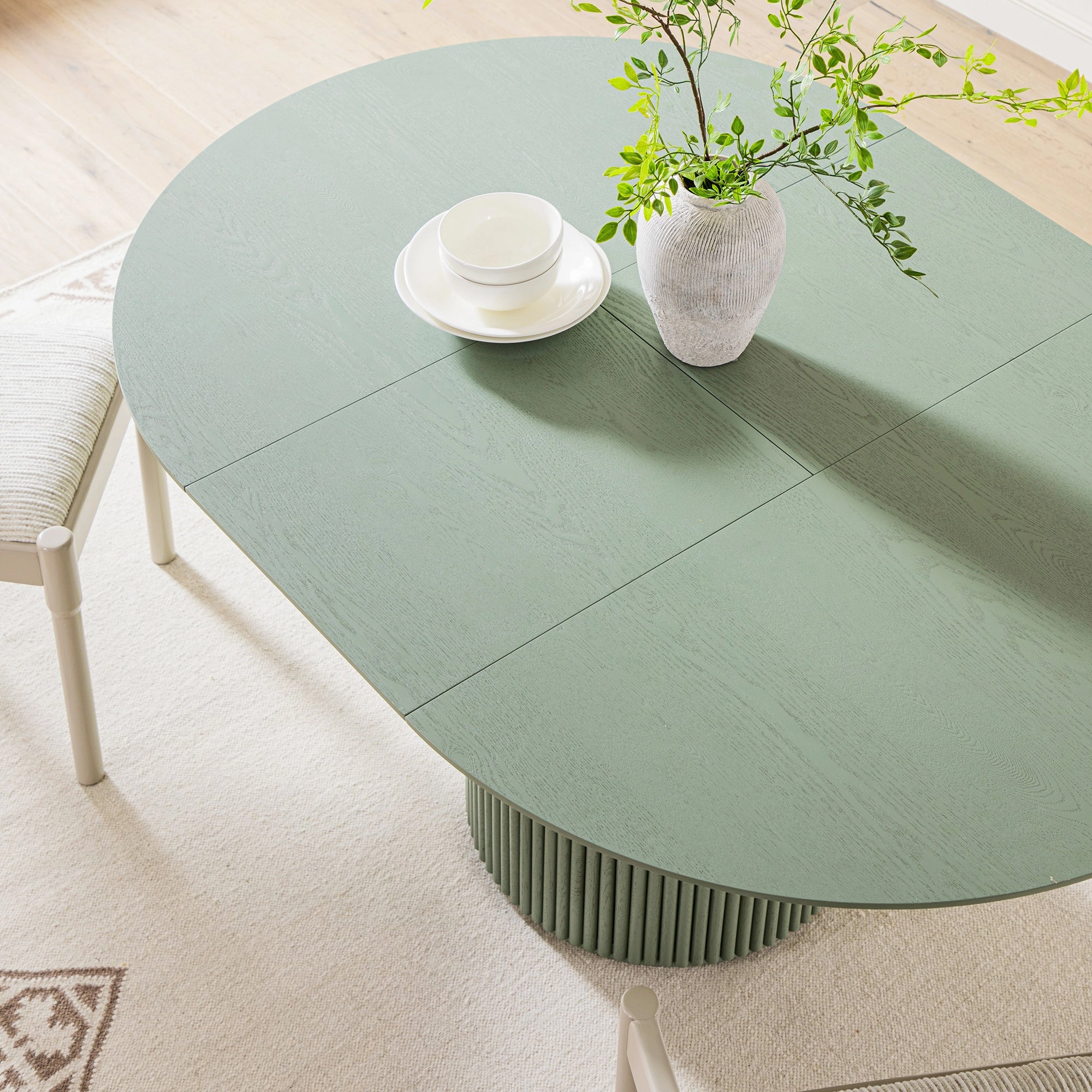 Maru Round 4-6 Seater Extending Oak Pedestal Dining Table, Sage Green