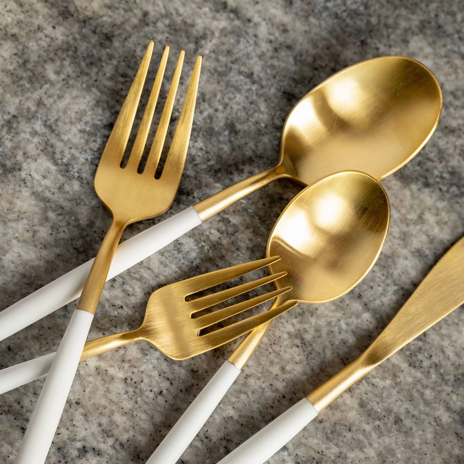 Mazzy Gold Satin White Pom Handle 20 Piece Flatware Set