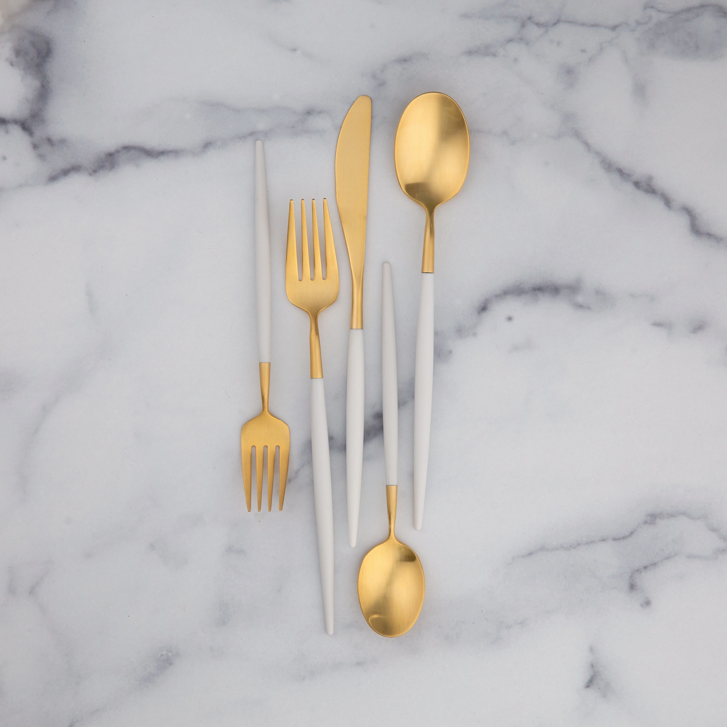 Mazzy Gold Satin White Pom Handle 20 Piece Flatware Set