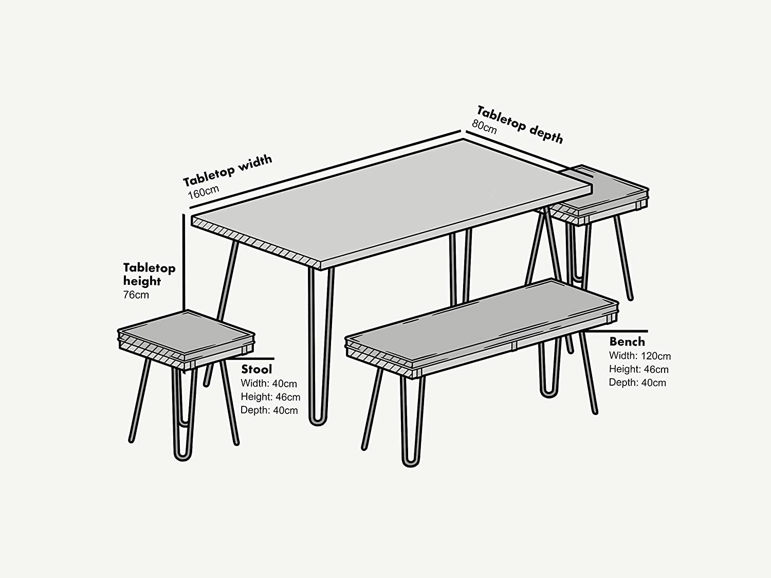MEILEN Oak Dining Table Set with 2 Stools and 1 Dining Bench