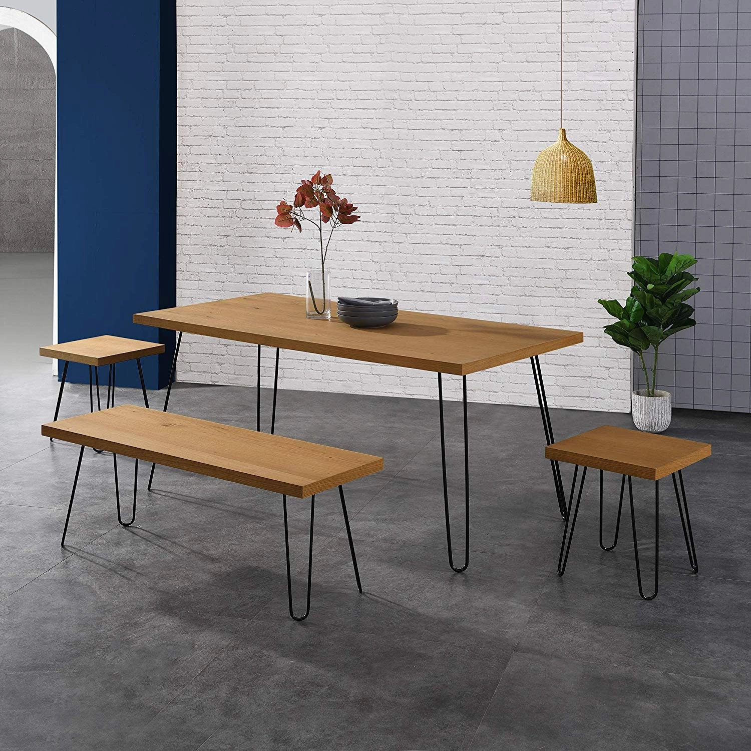 MEILEN Oak Dining Table Set with 2 Stools and 1 Dining Bench