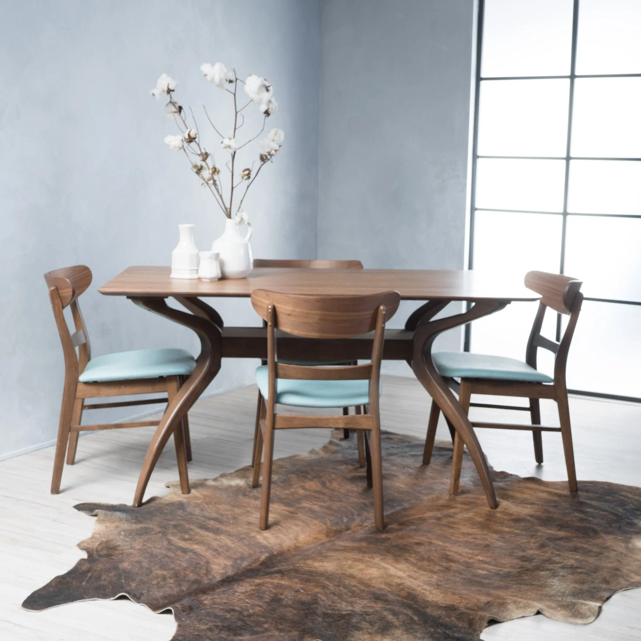 Mid-Century Design Natural Walnut Finish 5 Piece Dining Set - NH703992