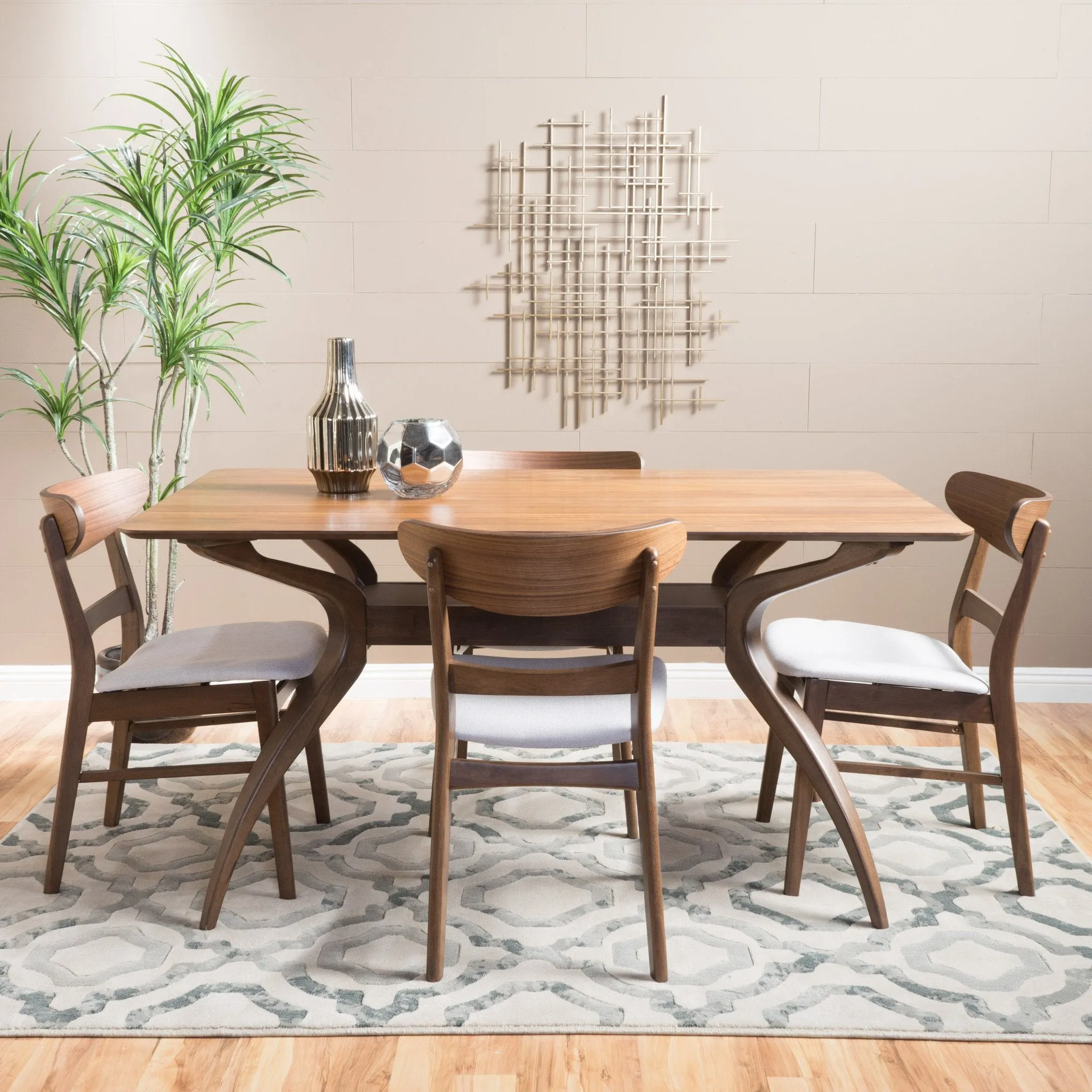 Mid-Century Design Natural Walnut Finish 5 Piece Dining Set - NH703992
