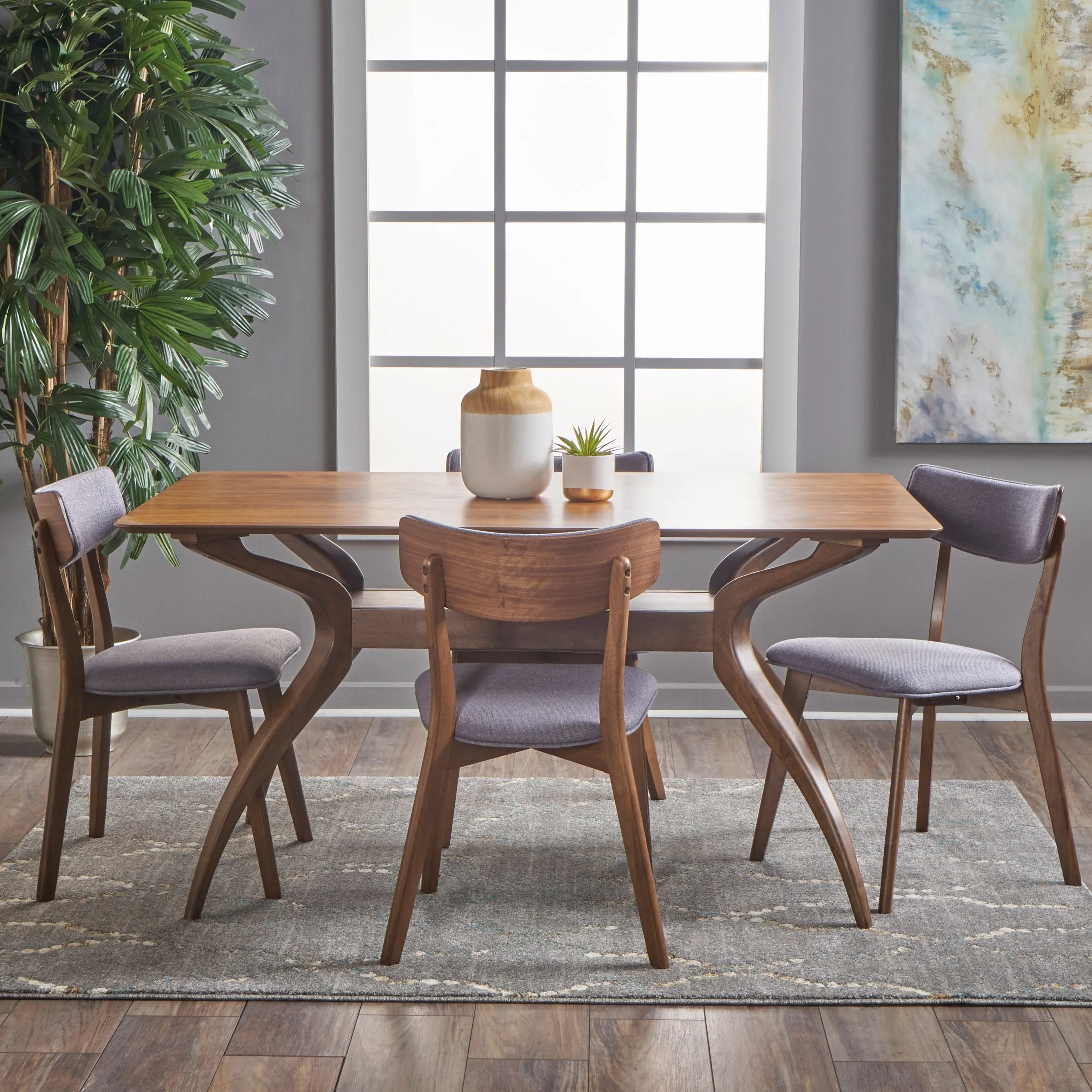Mid Century Finished 5 Piece Wood Dining Set with Fabric Chairs - NH423103 dining table set, round dining table