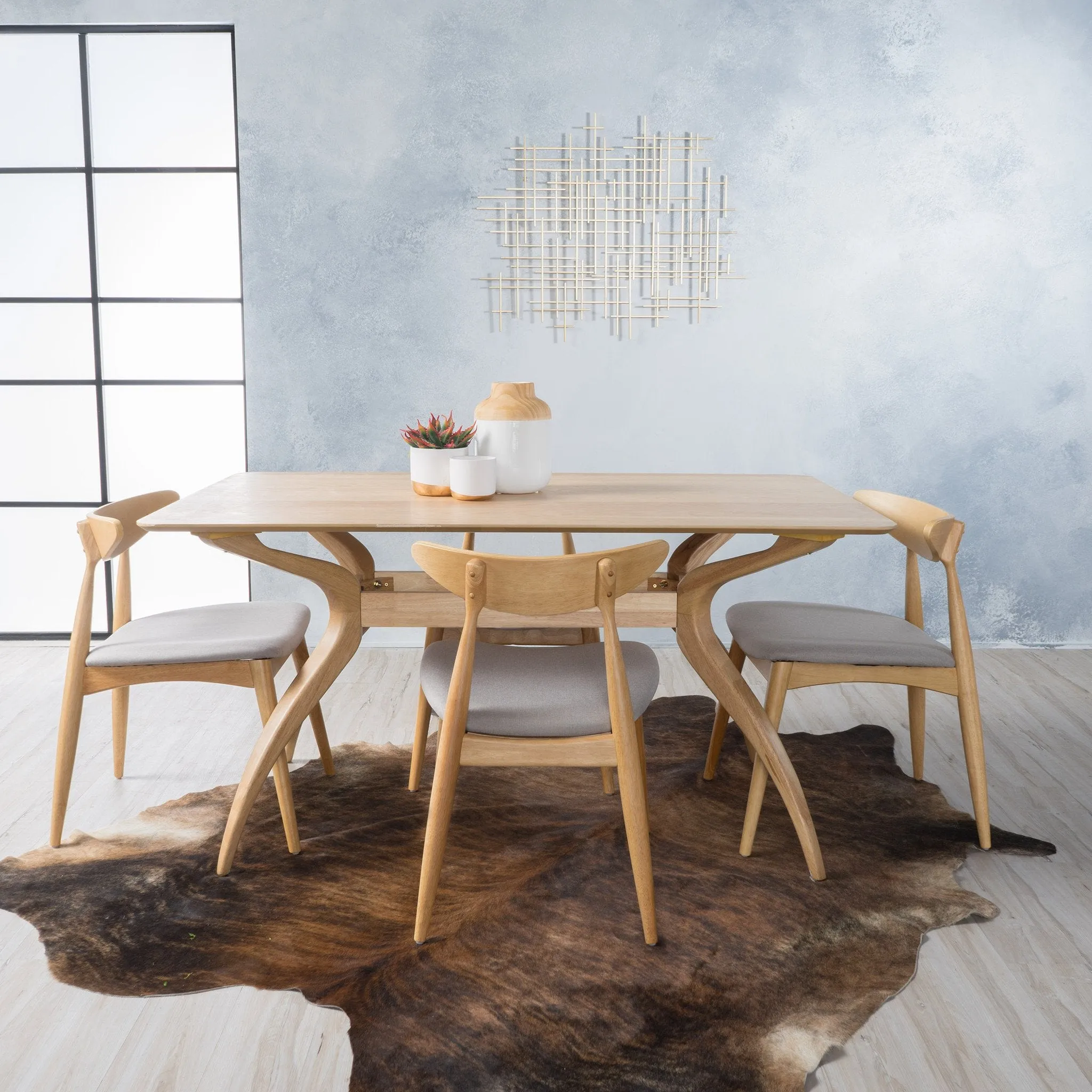 Mid-Century Modern 5-Piece Fabric Upholstered Dining Set w/ Wood Frame - NH879992 dining table set, round dining table