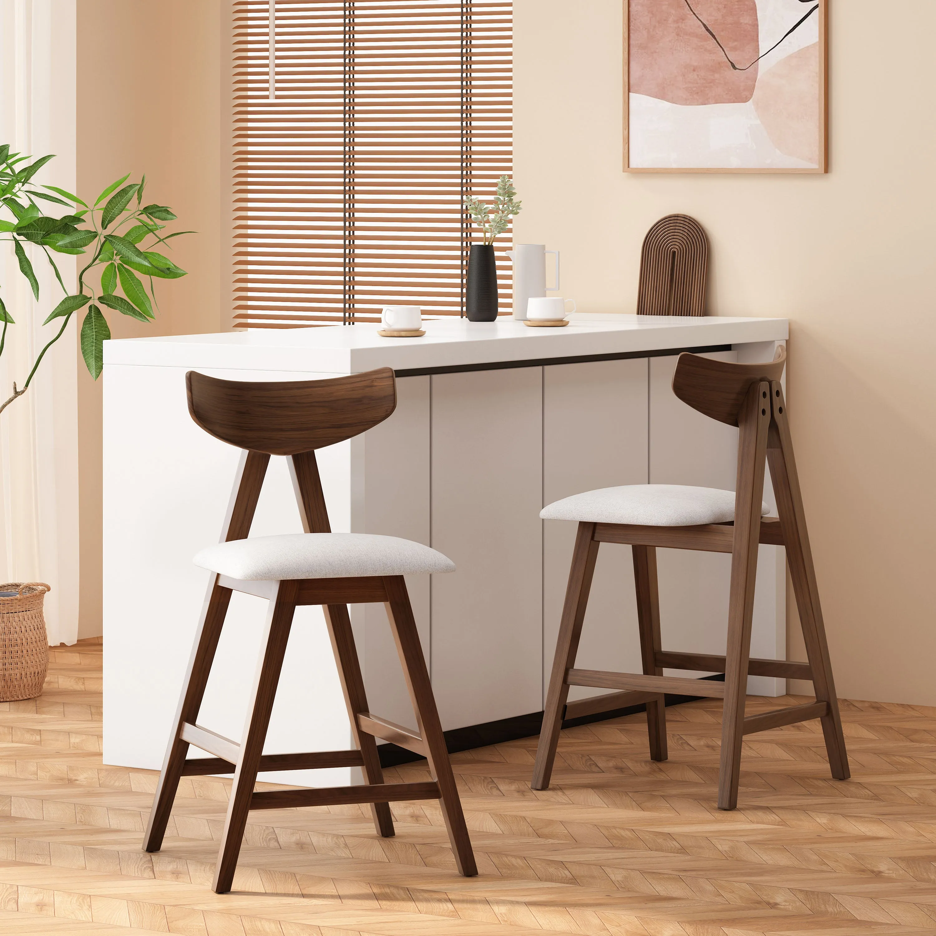 Mid Century Modern Upholstered Wood Counter Stools (Set of 2) bar stool, counter stool