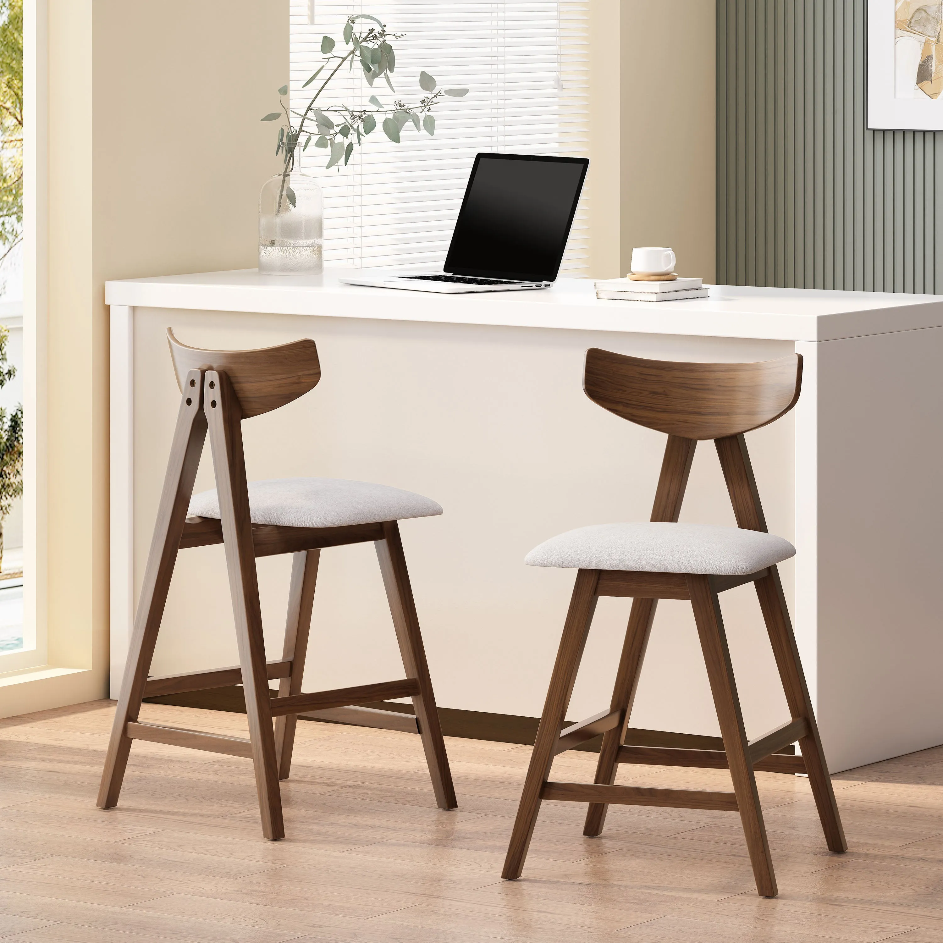 Mid Century Modern Upholstered Wood Counter Stools (Set of 2)