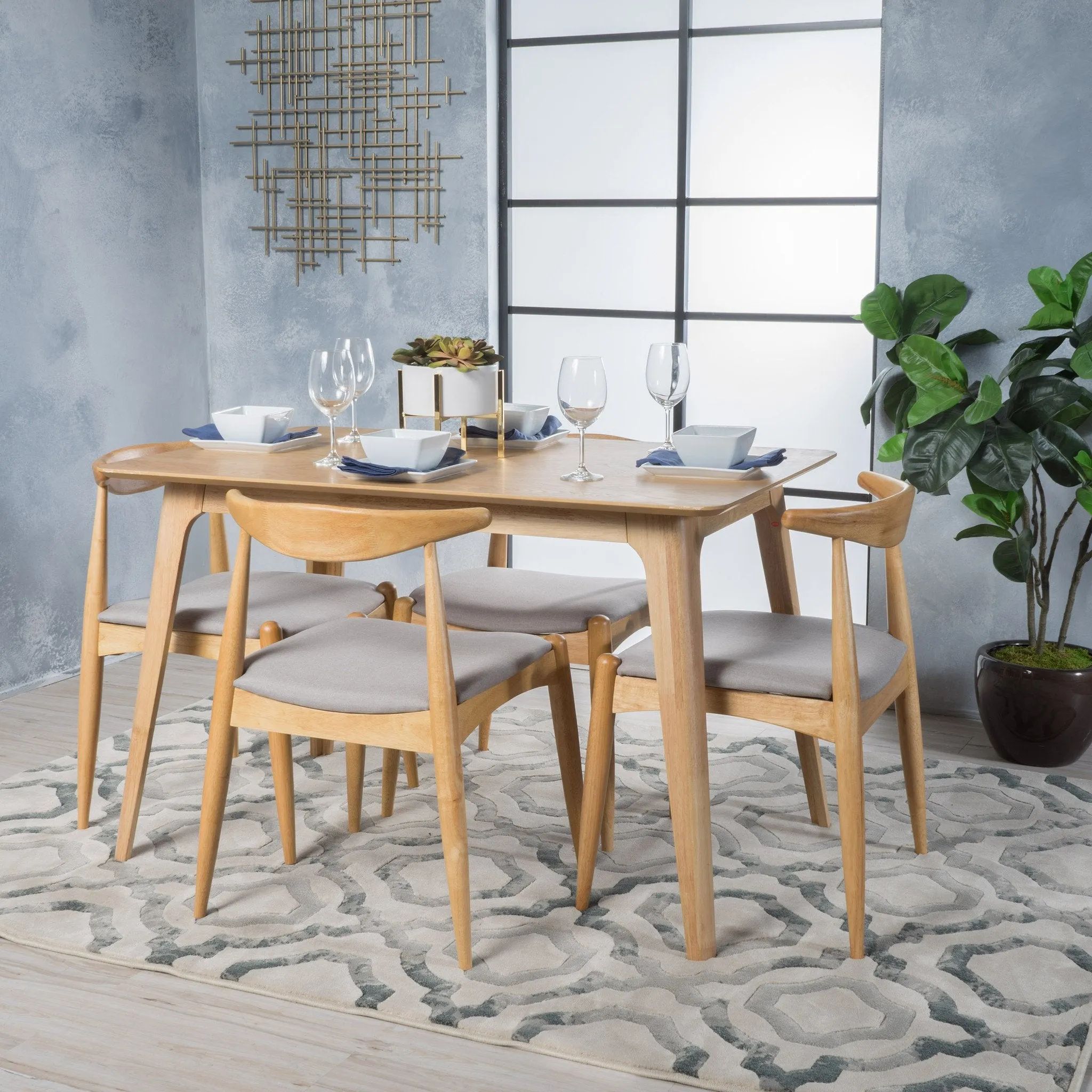 Mid-Century Oak Finish 5 Piece Dining Set - NH010003 dining table set, round dining table