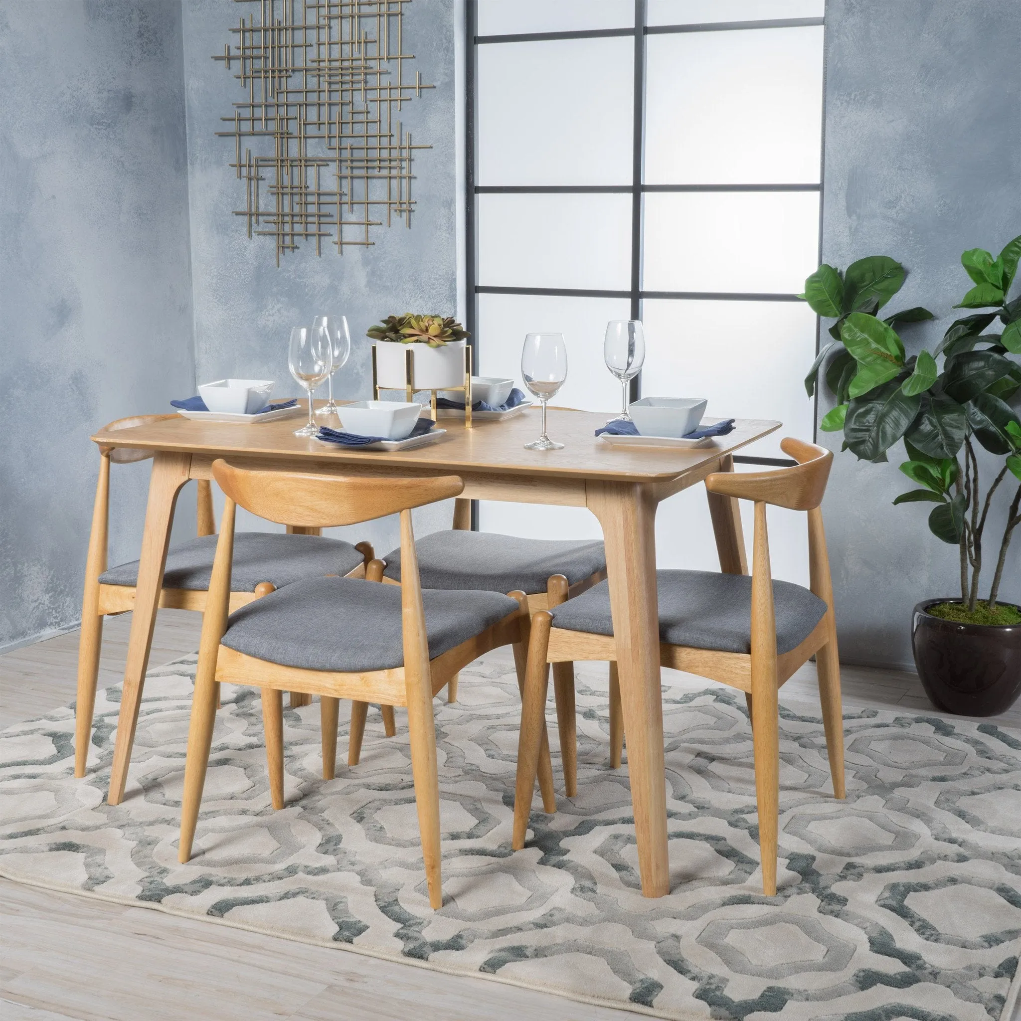 Mid-Century Oak Finish 5 Piece Dining Set - NH010003