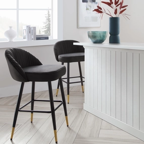 Miyae Set of 2 Pleated Charcoal Velvet Upholstered Counter Stools