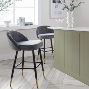 Miyae Set of 2 Pleated Light Grey Velvet Upholstered Counter Stools