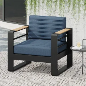 Modern Aluminum Club Chair with Faux Wood Accents & Water-Resistant Cushions chandelier, pendant light
