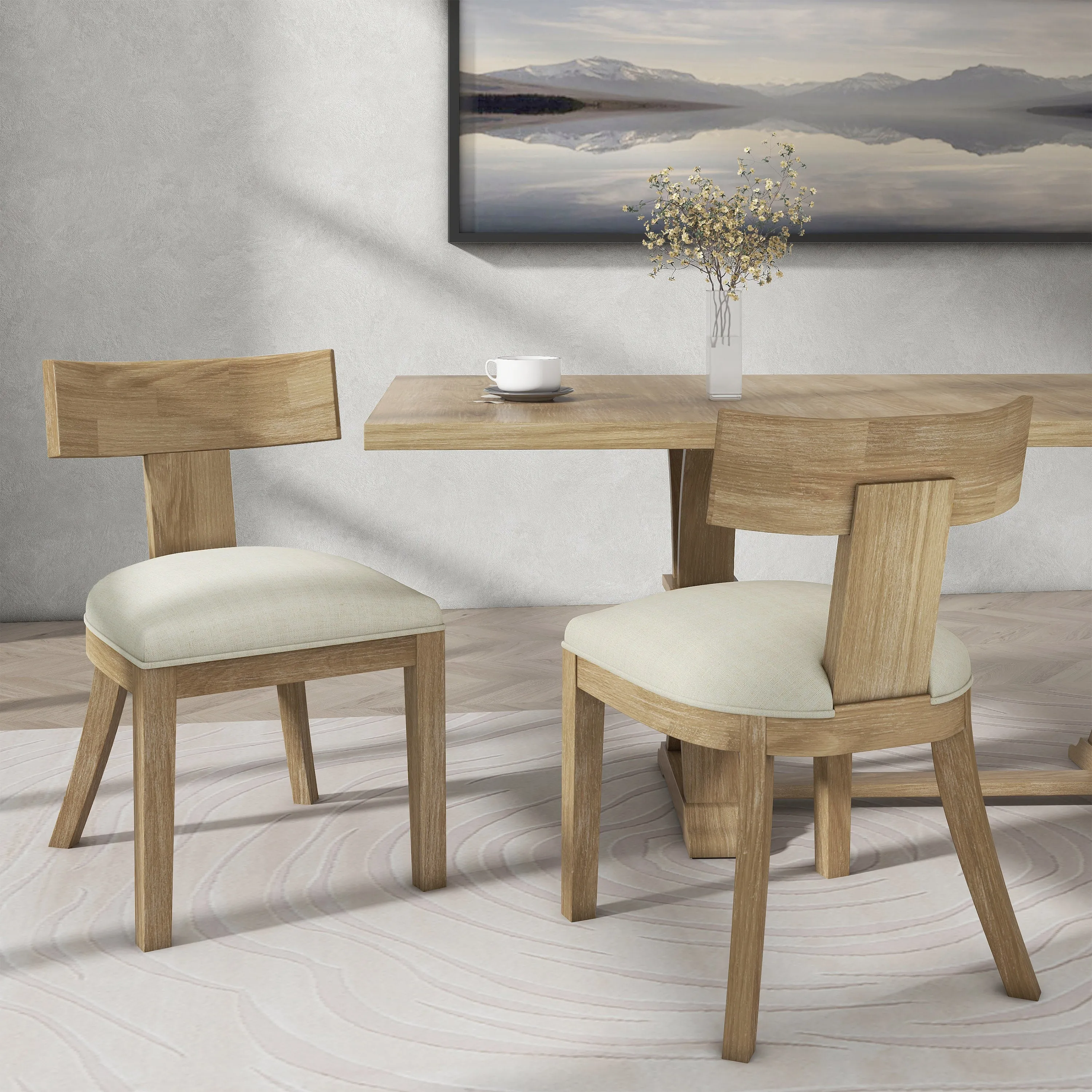 Modern Beige Dining Chairs Set of 2  Upholstered Side Chairs with Rubberwood Frame for Kitchen or Dining Room