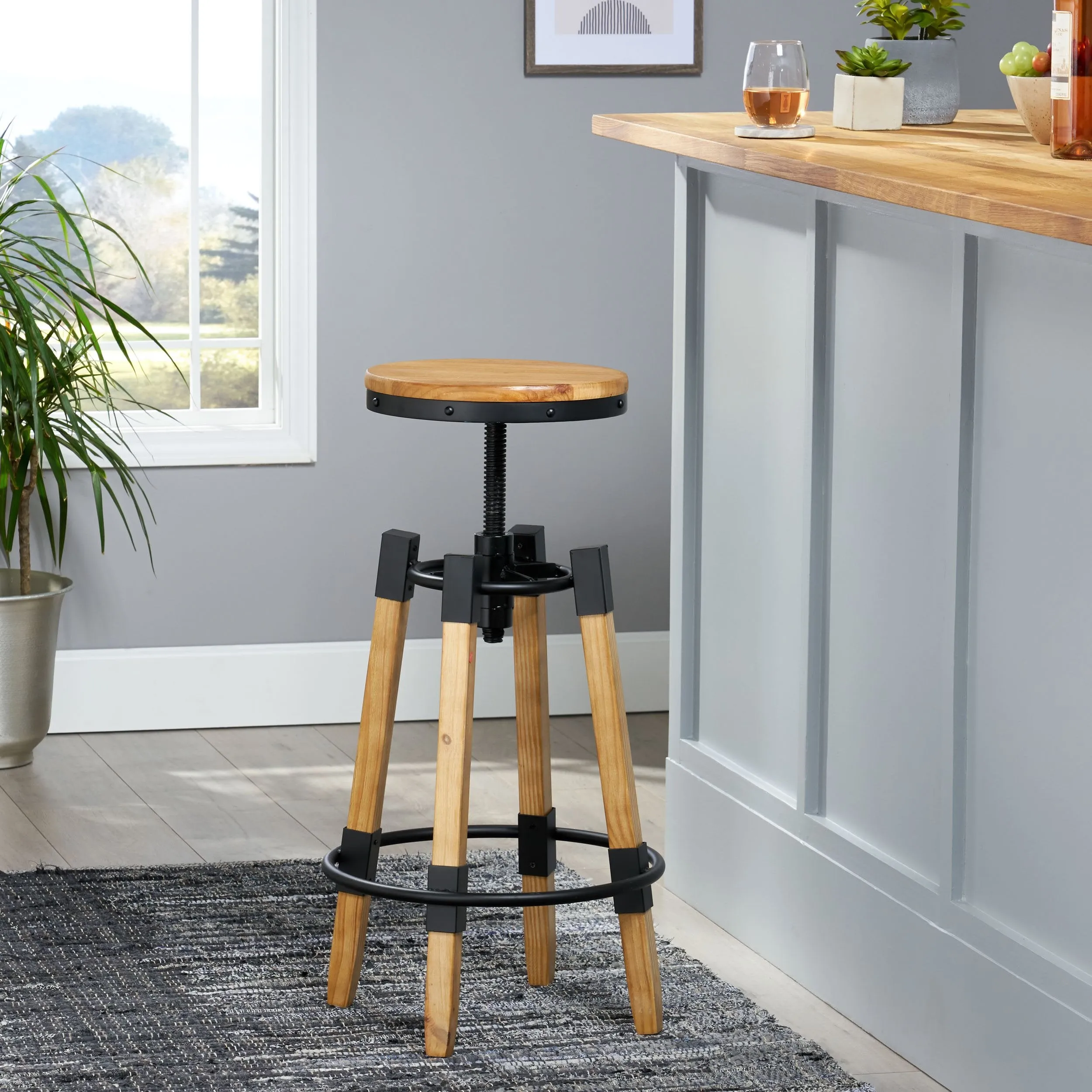Modern Industrial Antique Firwood Adjustable Barstool with Iron Accents - NH139892 bar stool, counter stool