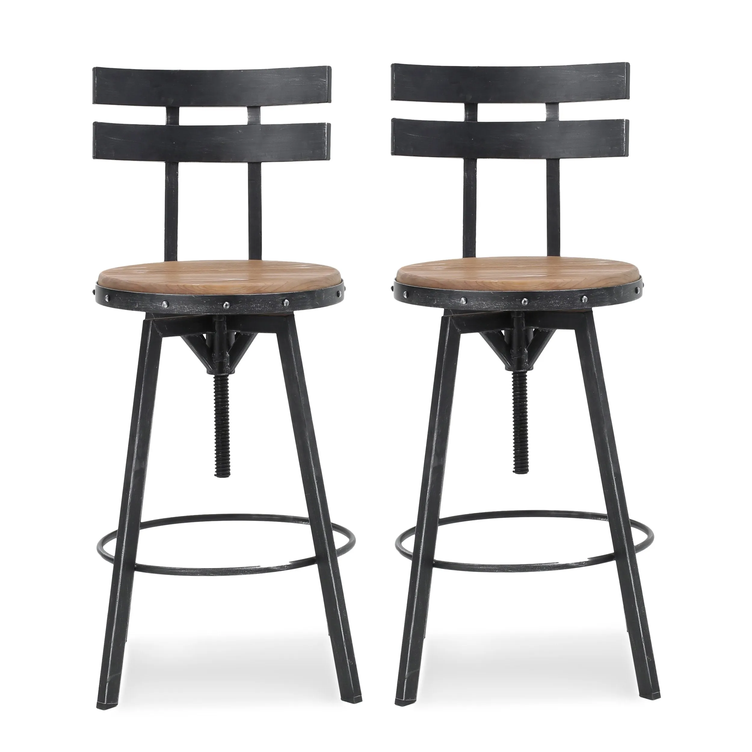 Modern Industrial Firwood Adjustable Height Swivel Barstools, Set of 2, Antique and Black Brushed Silver - NH217413 bar stool, counter stool
