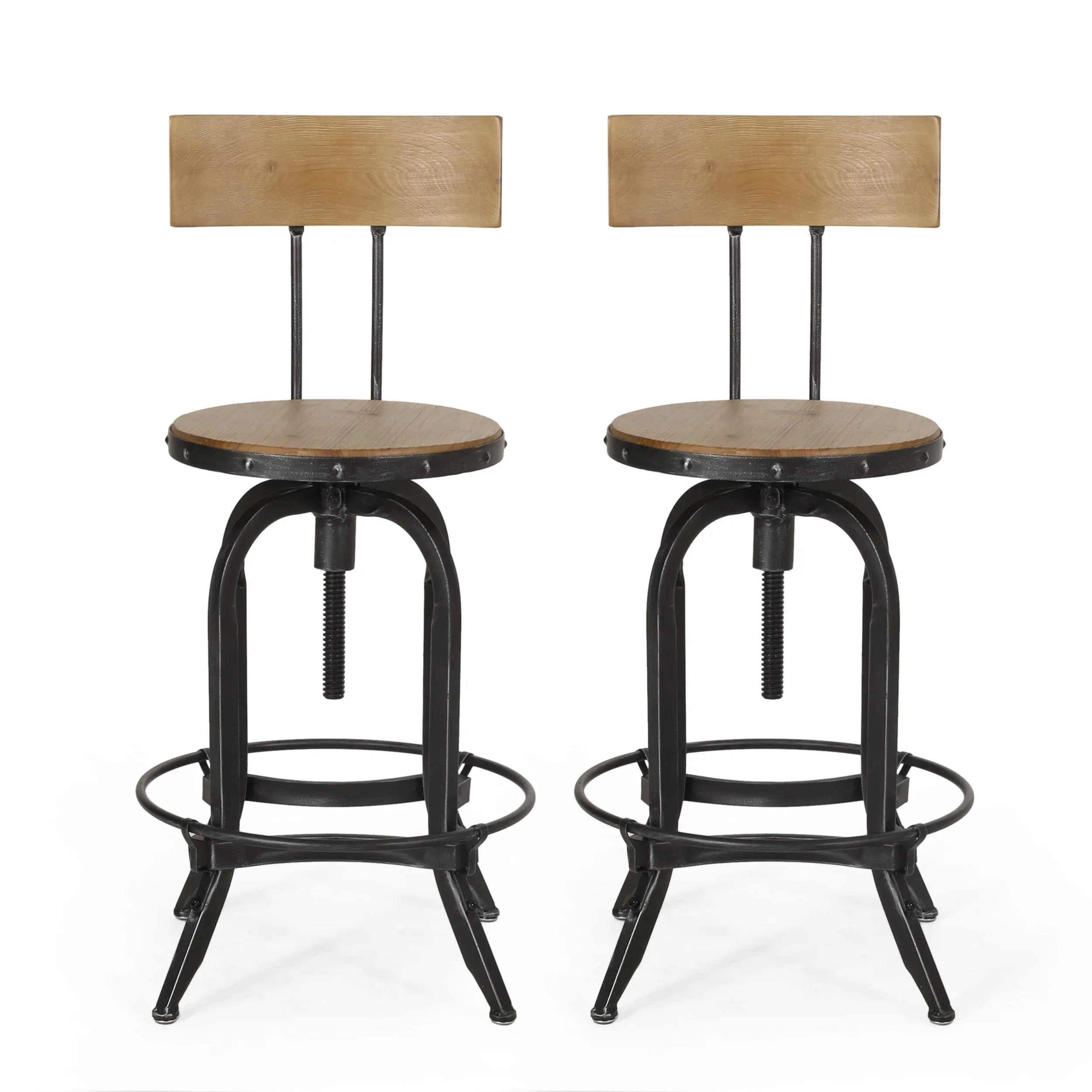 Modern Industrial Firwood Adjustable Height Swivel Barstools, Set of 2, Natural and Black Brushed Silver - NH225413 bar stool, counter stool