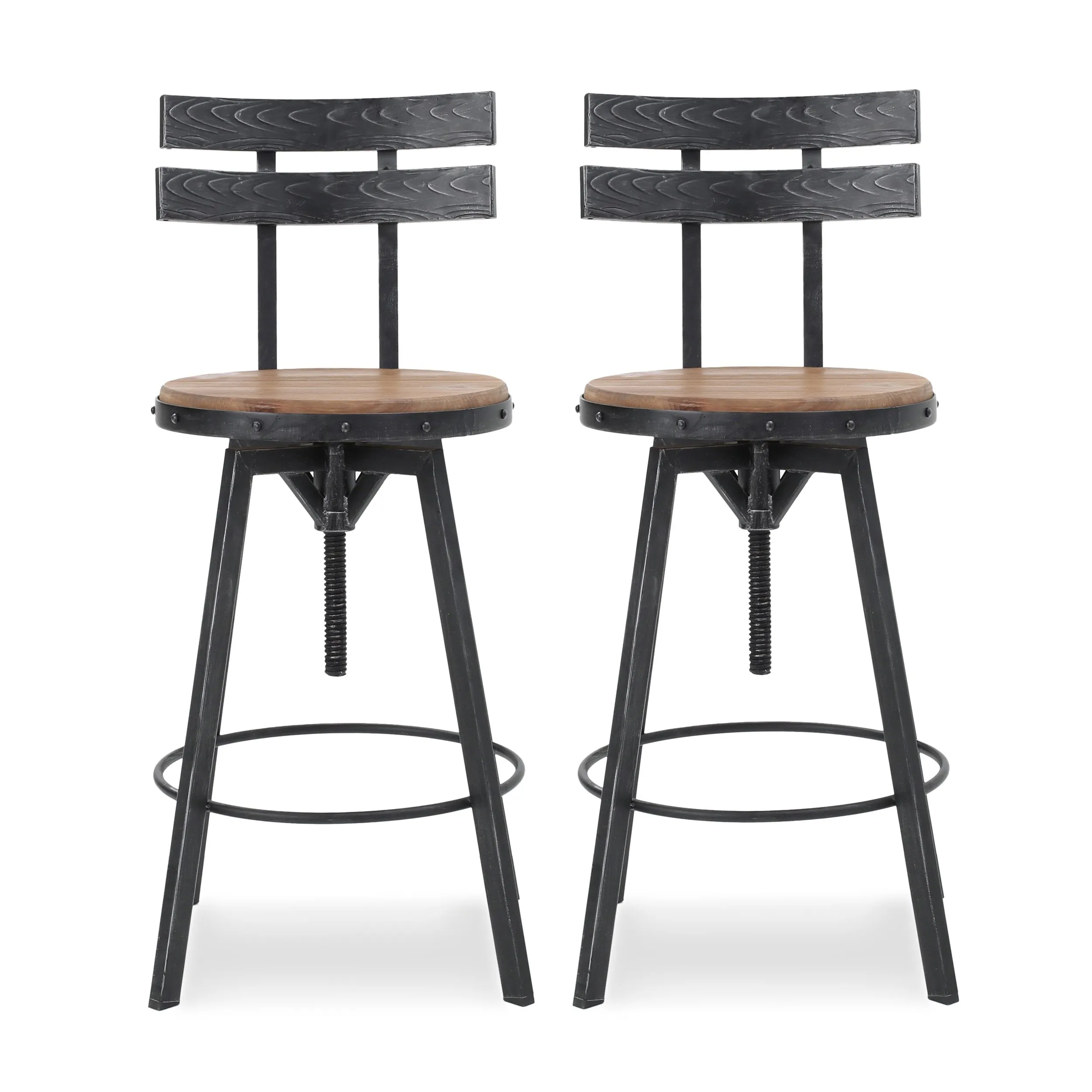 Modern Industrial Firwood Adjustable Height Swivel Barstools, Set of 2, Natural and Black Brushed Silver - NH317413 bar stool, counter stool