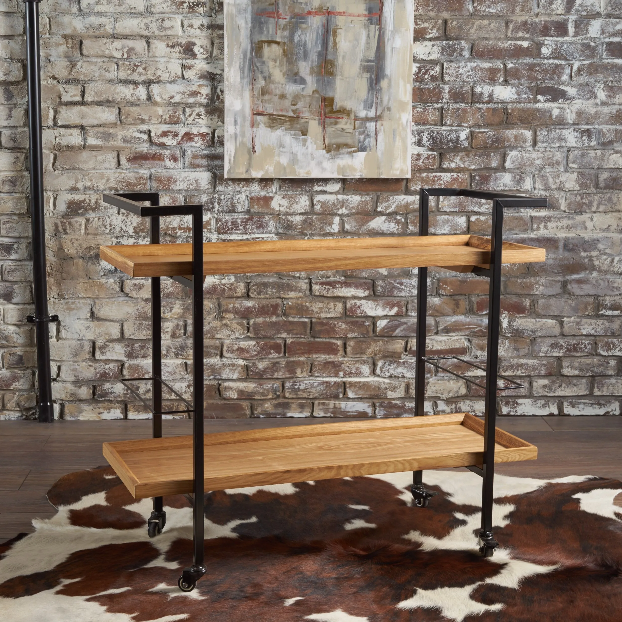 Modern Industrial Two Shelf Wood Finished Bar Cart with Rolling Casters - NH178103
