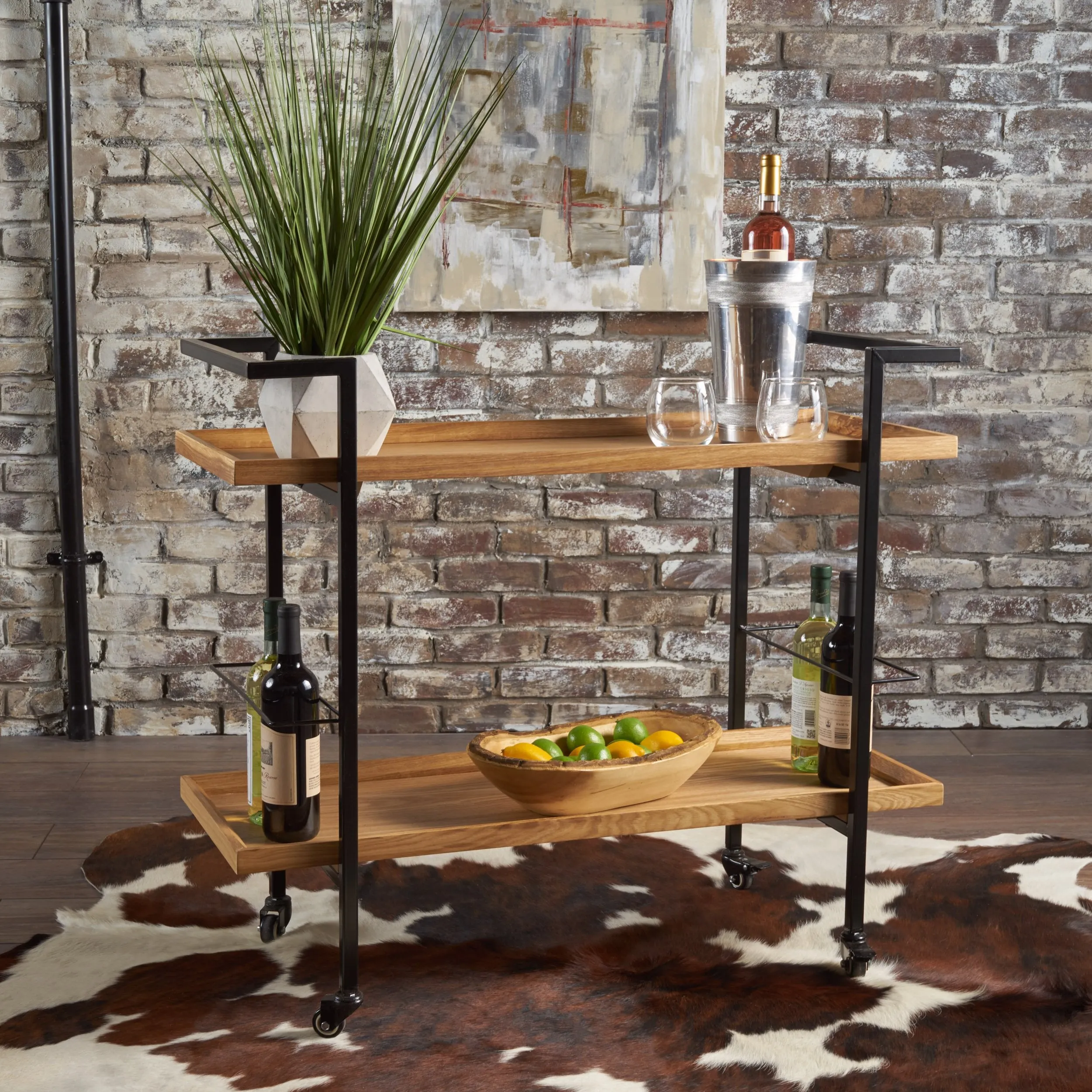 Modern Industrial Two Shelf Wood Finished Bar Cart with Rolling Casters - NH178103 dining chair, upholstered chair