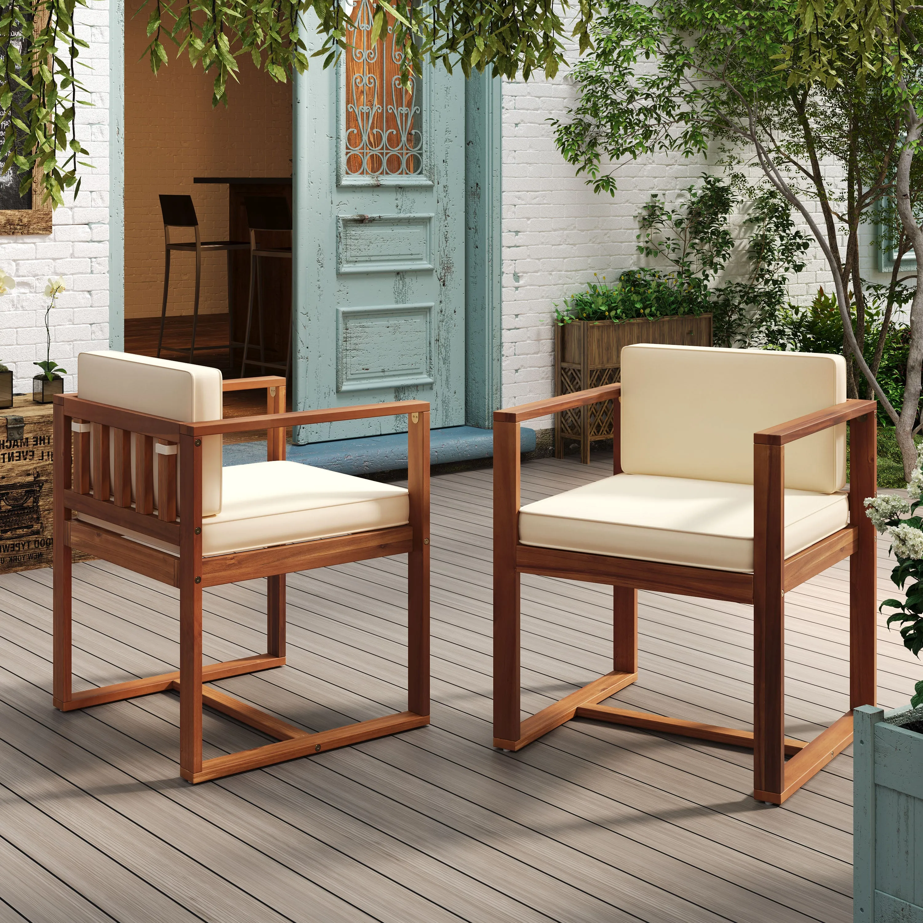 Modern Outdoor Patio Acacia Wood Dining Chairs with Cushions, Set of 2 chandelier, pendant light