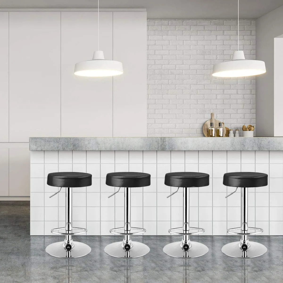 Modern Swivel Backless Round Barstool, PU Leather Armless bar Chair with Height Adjustable, Chrome Footrest