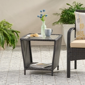 Modern Outdoor Brown Wicker Side Table with Tempered Glass Top - NH404832 coffee table, accent table