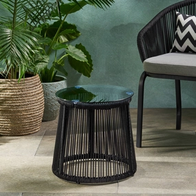 Modern Outdoor Rope Weave Side Table with Tempered Glass Top - NH912113 coffee table, accent table