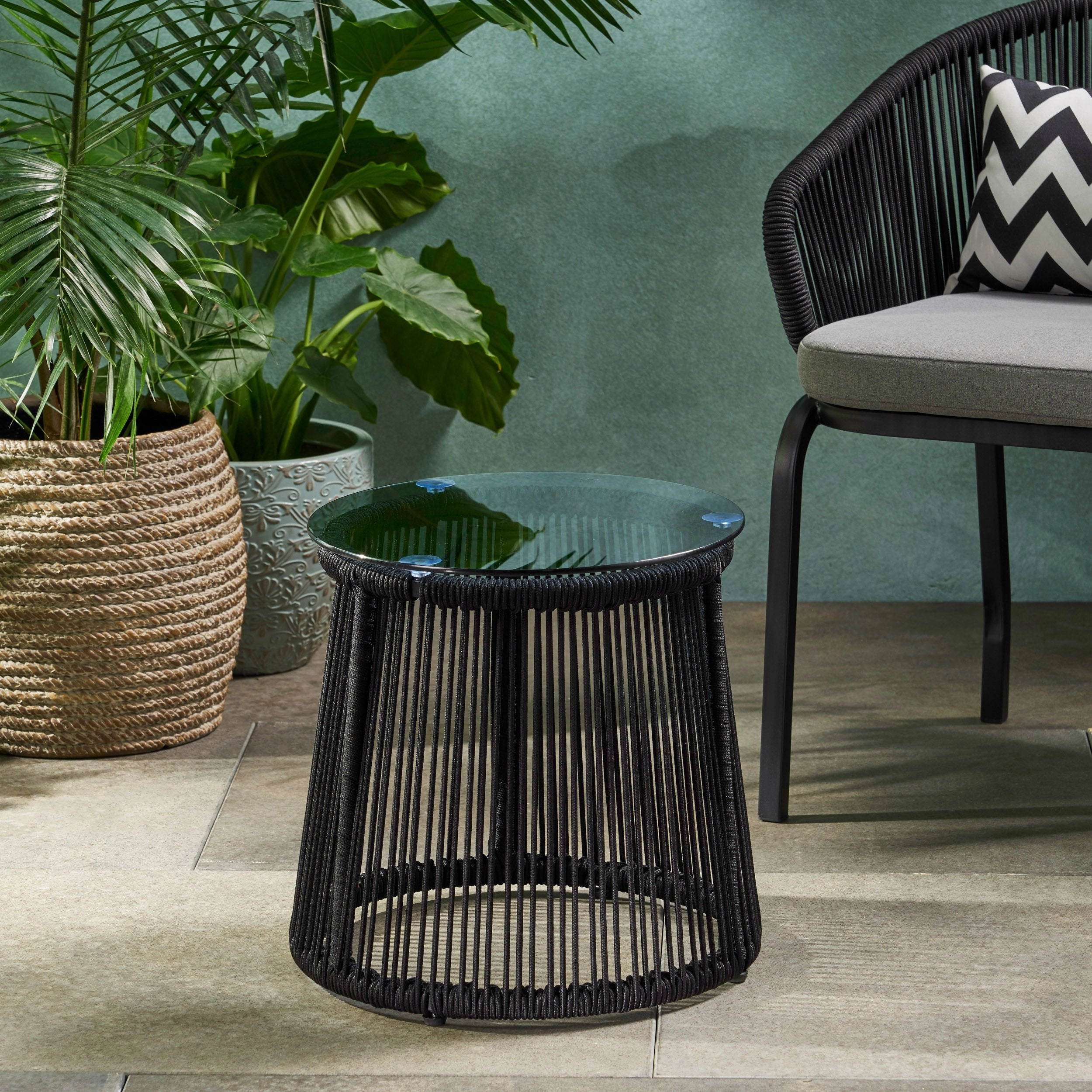 Modern Outdoor Rope Weave Side Table with Tempered Glass Top - NH912113 coffee table, accent table